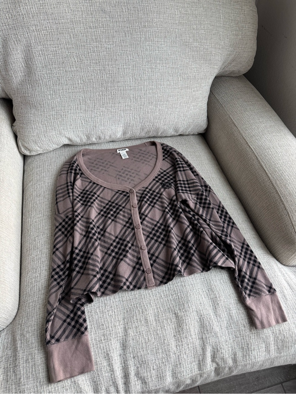 PINK Victoria's Secret Mauve Plaid Button-Front Crop Cardigan